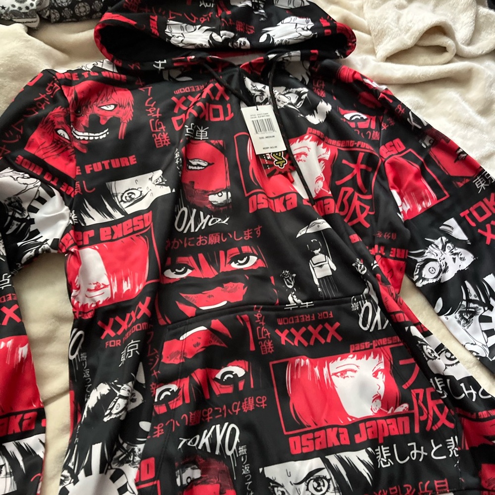 (SEND OFFERS) Graphic Red and Black Anime Hoodie Y2K